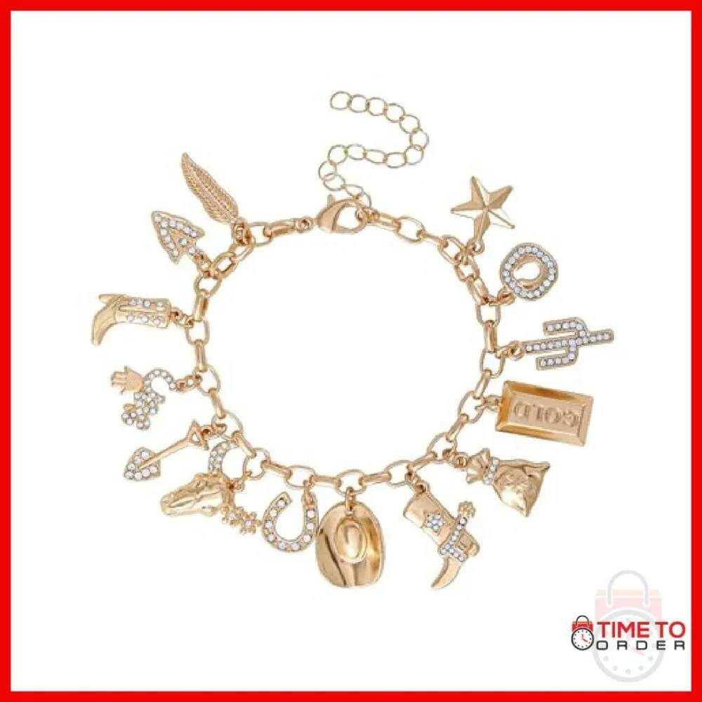 Gold Tone Charm Bracelet 14 Western Charms Adjustable 7+3 Inch